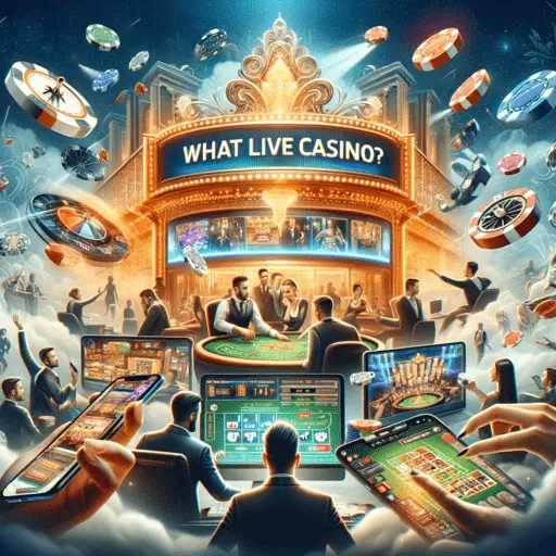 Live dealers conducting casino games, streamed to various devices in a luxurious casino setting, representing the live casino experience.