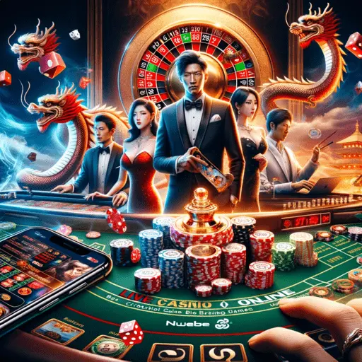 An image showcasing elements of Sexy Gaming's live casino experience, with a focus on Dragon Tiger game, professional dealers, and high-quality streaming on various devices.
