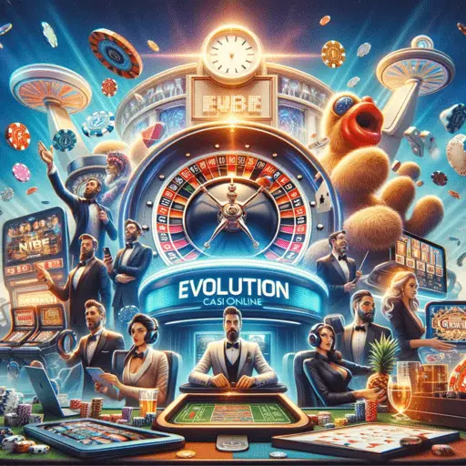 A vibrant depiction of Evolution Gaming's live casino offerings, featuring Crazy Time game elements, high-definition streaming, and engaging dealers.