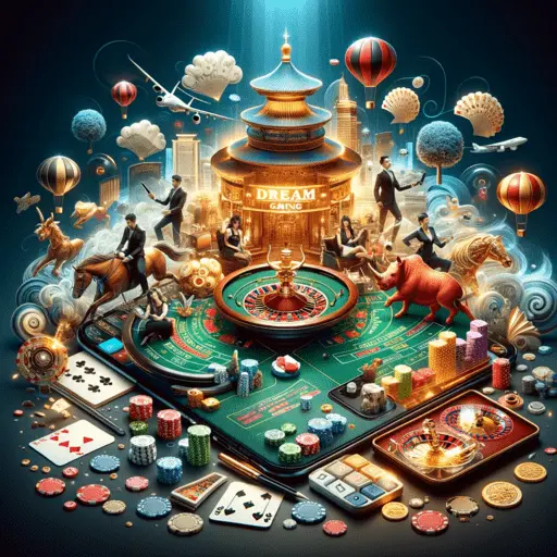 An array of Dream Gaming's live casino games, showcasing Baccarat, Roulette, Fried Golden Flower, and Bullfight, with high-definition streaming and expert dealers.