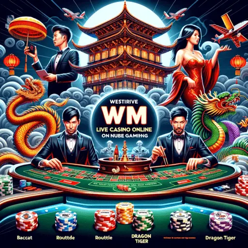 Visual representation of WM Casino's live casino games on Nuebe Gaming, featuring Baccarat, Roulette, and Dragon Tiger, with a focus on high-quality streaming and professional dealers.