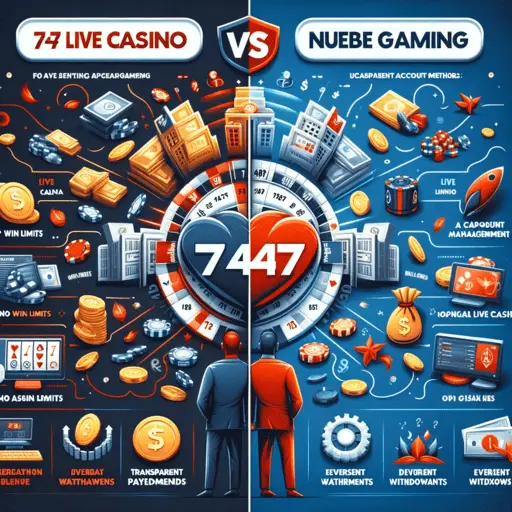 Visual comparison between 747 Live Casino and Nuebe Gaming, highlighting Nuebe Gaming's advantages such as no win limits and diverse payment options.