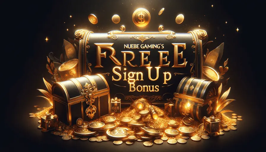 Dark gold image showcasing 'Nuebe Gaming's Free Sign Up Bonus', featuring treasure chests, golden tickets, and coins, symbolizing the exclusive and lucrative offer.