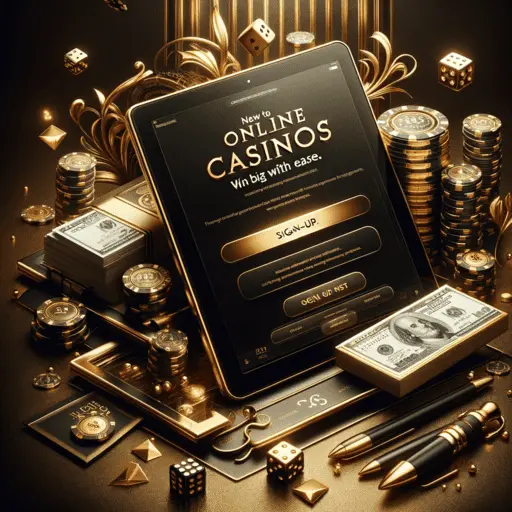 An opulent Nuebe PH sign-up guide on a tablet, encircled by golden coins, cash, and casino dice.
