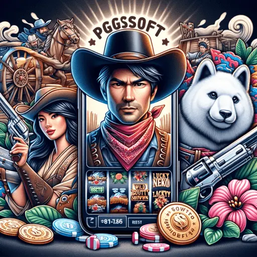 Illustration of PGSoft's Wild Bounty Showdown and Lucky Neko Slots, Blending Old West and Japanese Themes.