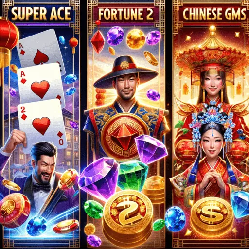 Collage of Top 3 Slot Machine Online on Nuebe Gaming: Super Ace, Fortune Gems, and Chinese New Year 2.