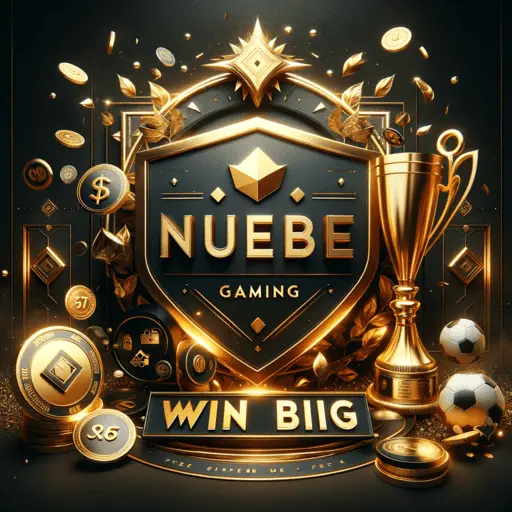 A vibrant promotional image for Nuebe Gaming, featuring its dark gold brand color, with the logo prominently displayed, gold coins, a trophy, and sports icons, symbolizing the excitement of winning big with free bets.