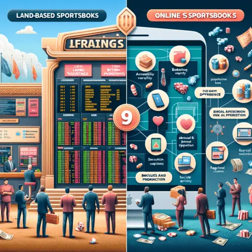 A split image contrasting land-based and online sportsbooks, with icons representing key differences like Accessibility, Betting Variety, Live Betting, Bonuses and Promotions, Payment Options, User Experience, Security and Privacy, Social Interaction, and Regulatory Compliance.